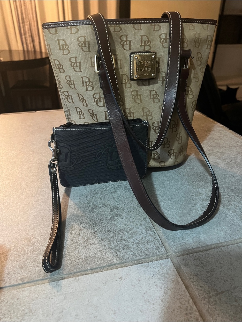 Dooney & Bourke Cream and Brown Logo Bucket Shoulder Bag